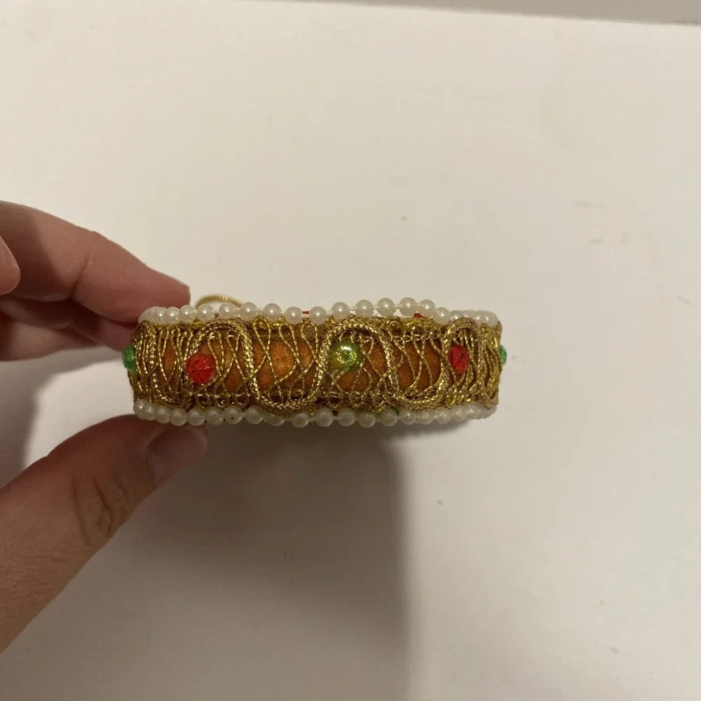 1973 Vintage Christmas Ornament Sequin Beaded Santa Wreath Kitschy Gold Chording